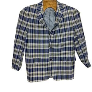 Brooks Brother Madras Blazer Men's Size 45 XL Blue Plaid Lightweight Summer